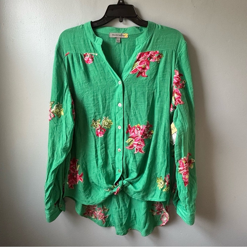 NWT Figueroa & Flower Embroidered Floral Button Down Shirt Green-Large